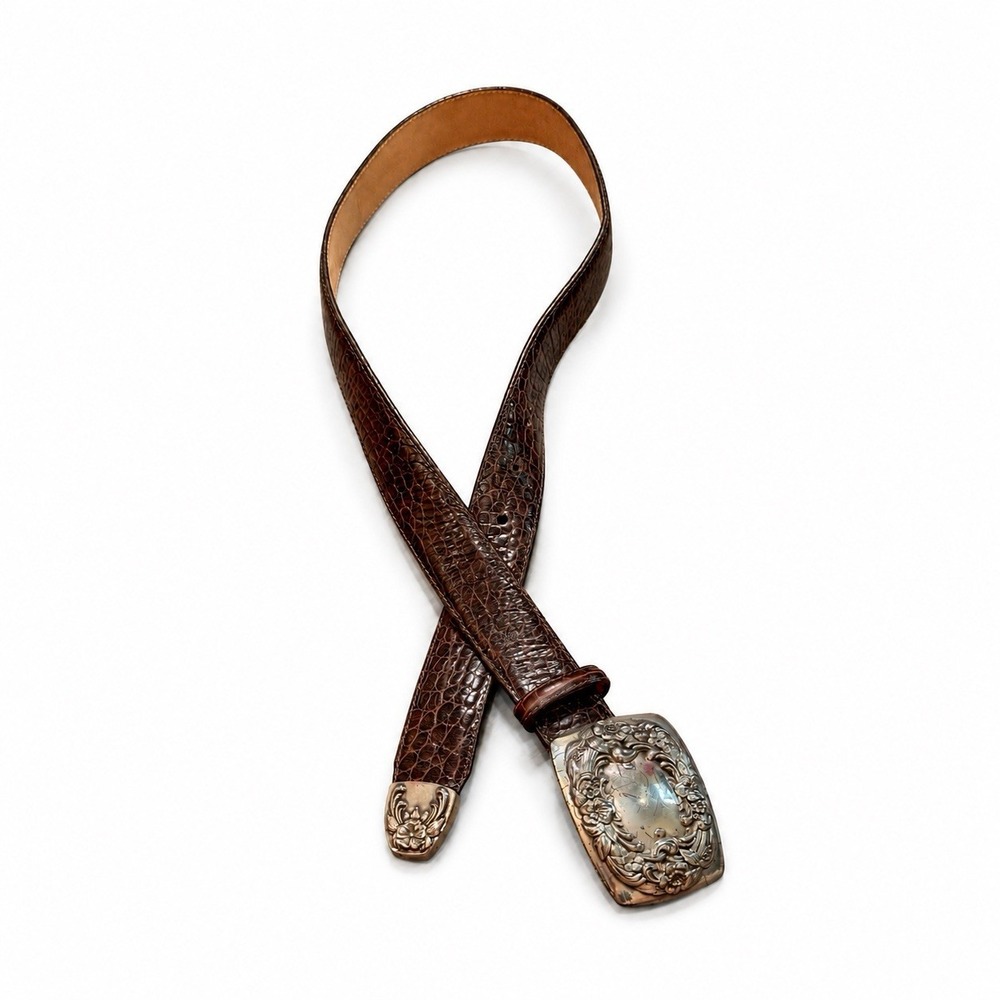 Brighton Vintage 90s Western Croc Leather Belt Brown Silver Floral Buckle 24009